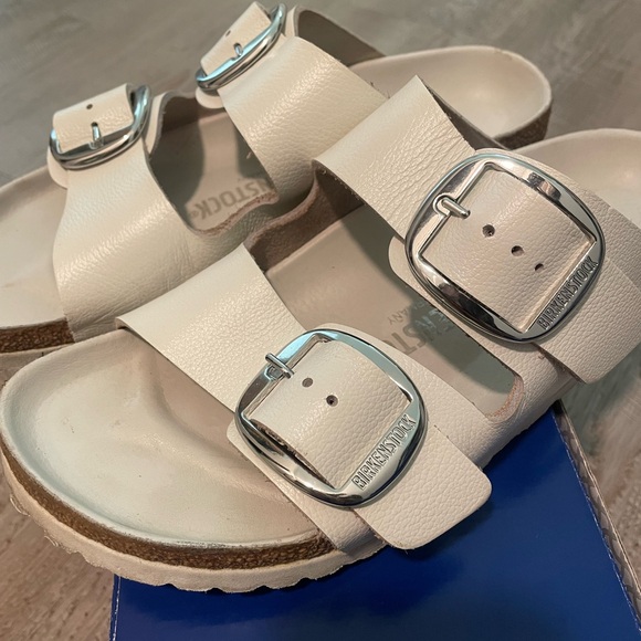 Birkenstock Women's Arizona Big Buckle Slide White Sandals with Silver Buckles - Picture 8 of 11